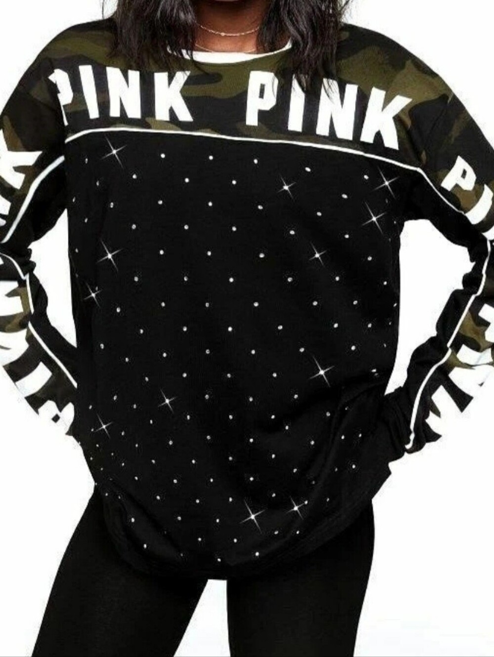 Victoria's Secret Pink Bling Camo Campus Rhinestone LS Tee Shirt Black Green, Xl